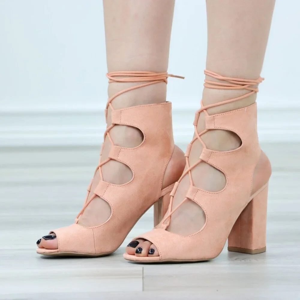 Peach Lace-Up Heels Cutout Open Toe Chunky Heel Sandals Faux Suede